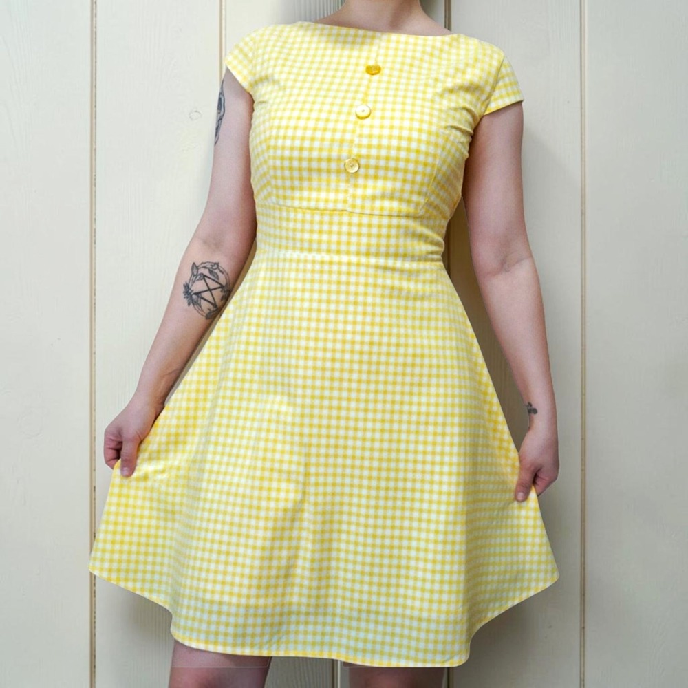 Handmade Retro 50s Style Yellow Gingham Fit & Flare Pinup Picnic Dress S